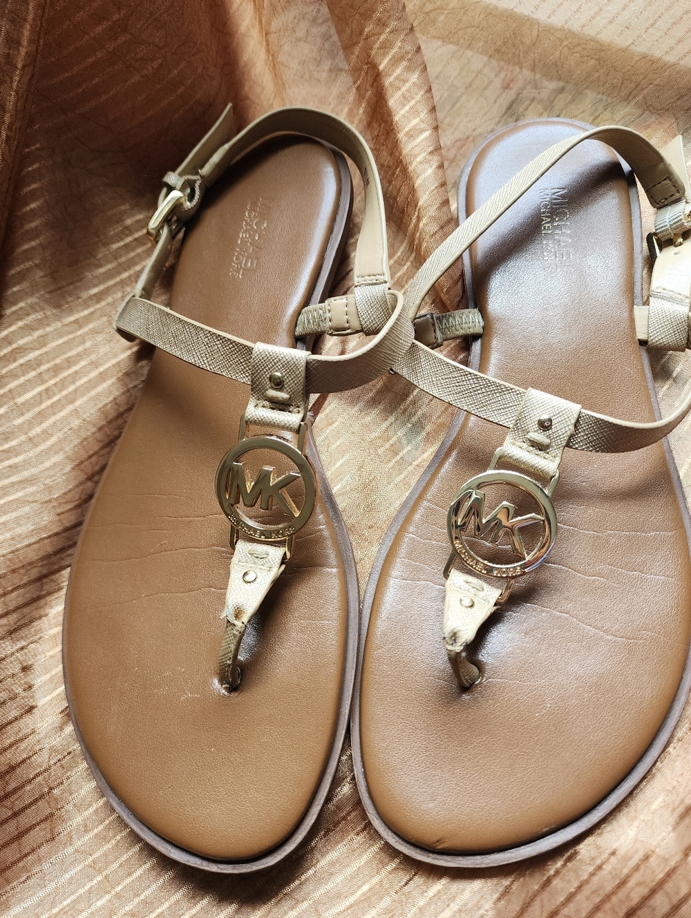 Michael Kors Tan and Gold MK Logo T-Strap Sandals